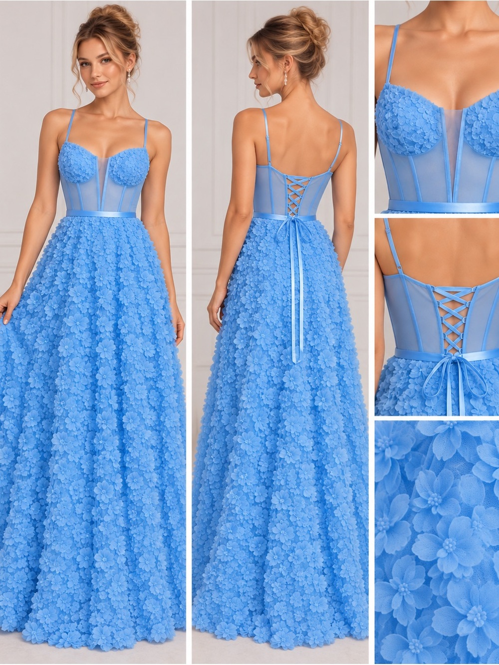 Blue 3D Floral Corset Formal Maxi Gown Size Large NWOT